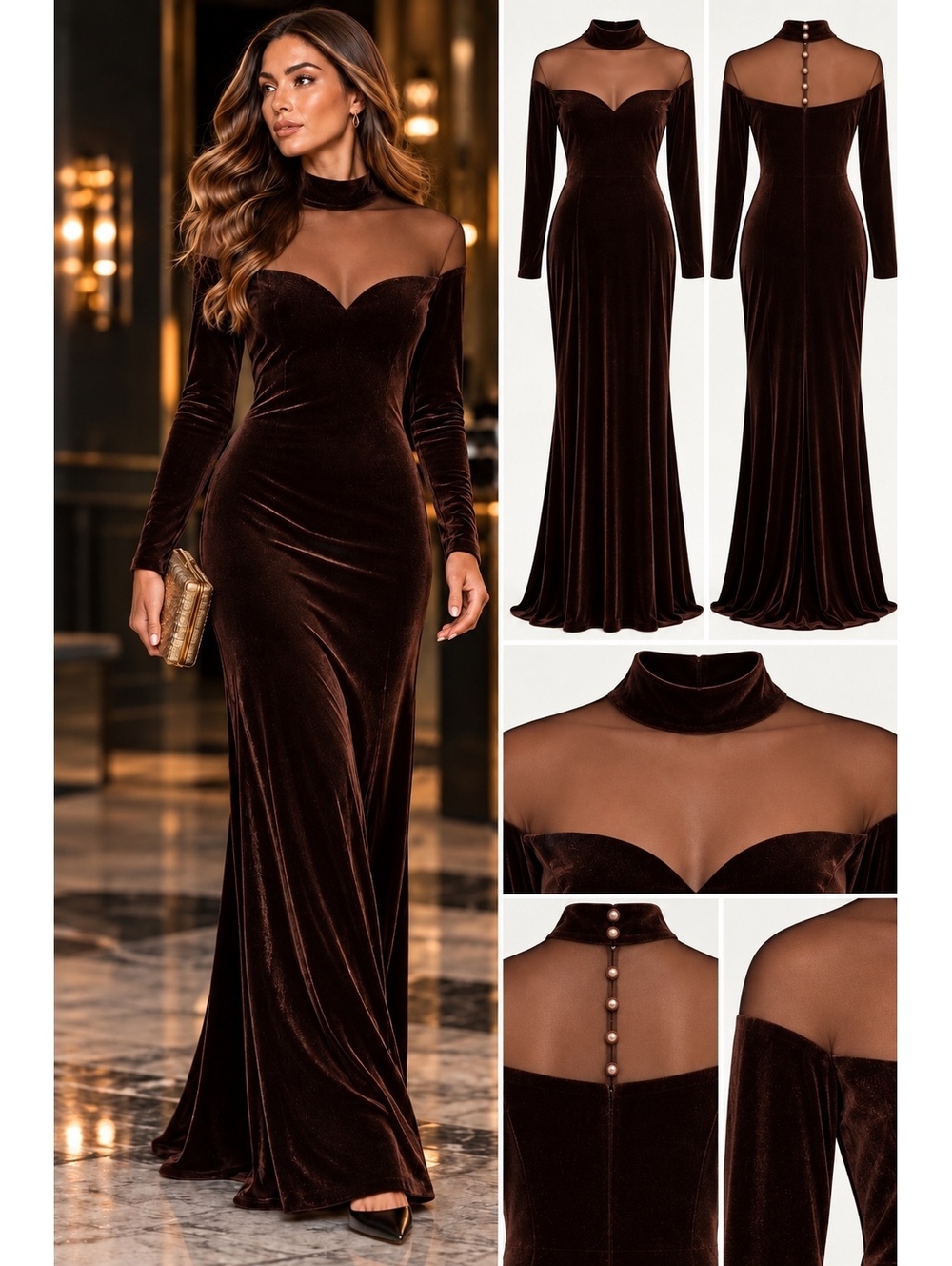 Vintage Size 14 Chocolate Brown Velvet Sheer Mesh Maxi Evening Gown